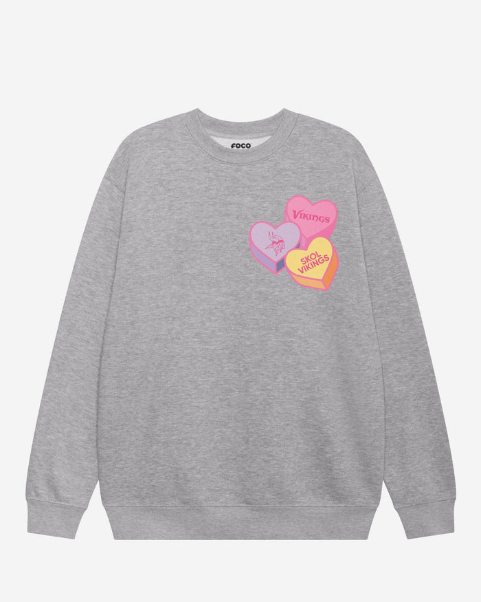 Minnesota Vikings Candy Heart Crew Neck Sweatshirt FOCO Athletic Heather S - FOCO.com