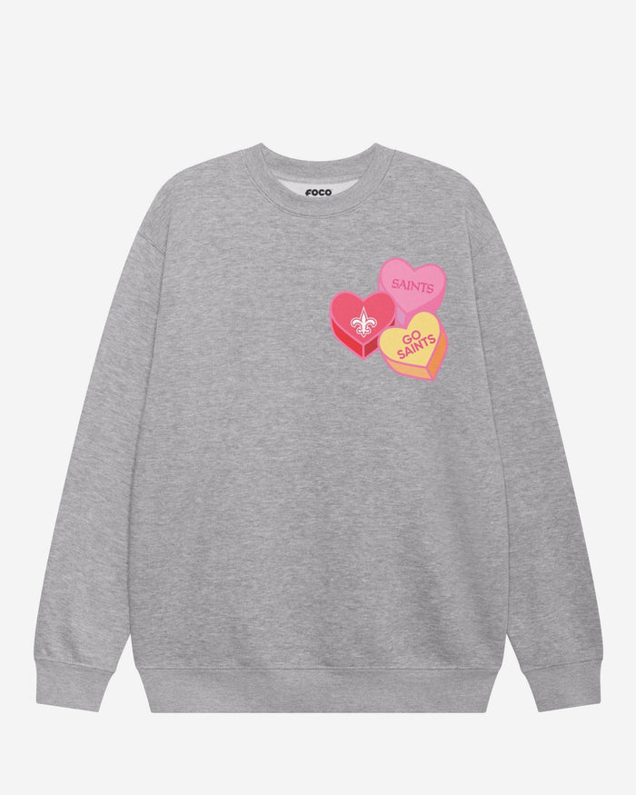 New Orleans Saints Candy Heart Crew Neck Sweatshirt FOCO Athletic Heather S - FOCO.com