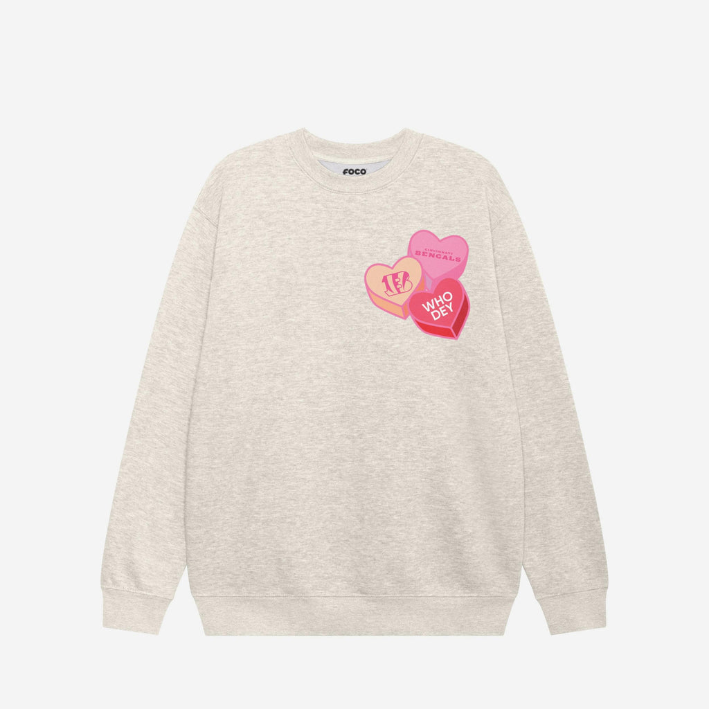 Cincinnati Bengals Candy Heart Crew Neck Sweatshirt FOCO Oatmeal Heather S - FOCO.com