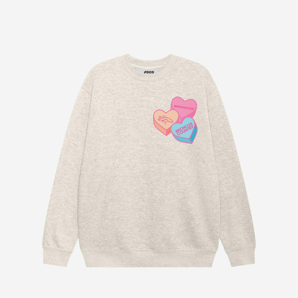 Denver Broncos Candy Heart Crew Neck Sweatshirt FOCO Oatmeal Heather S - FOCO.com