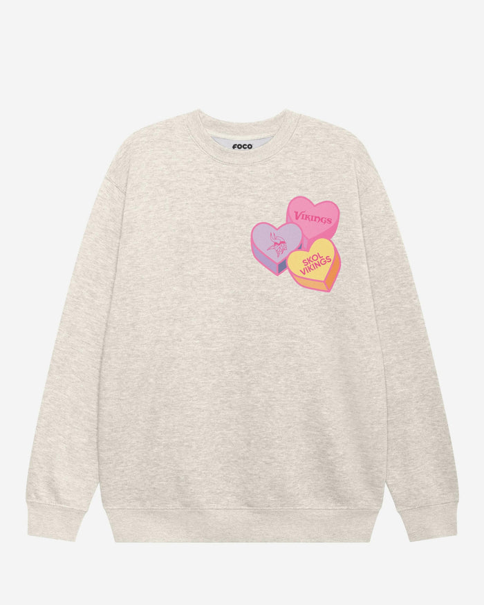 Minnesota Vikings Candy Heart Crew Neck Sweatshirt FOCO Oatmeal Heather S - FOCO.com