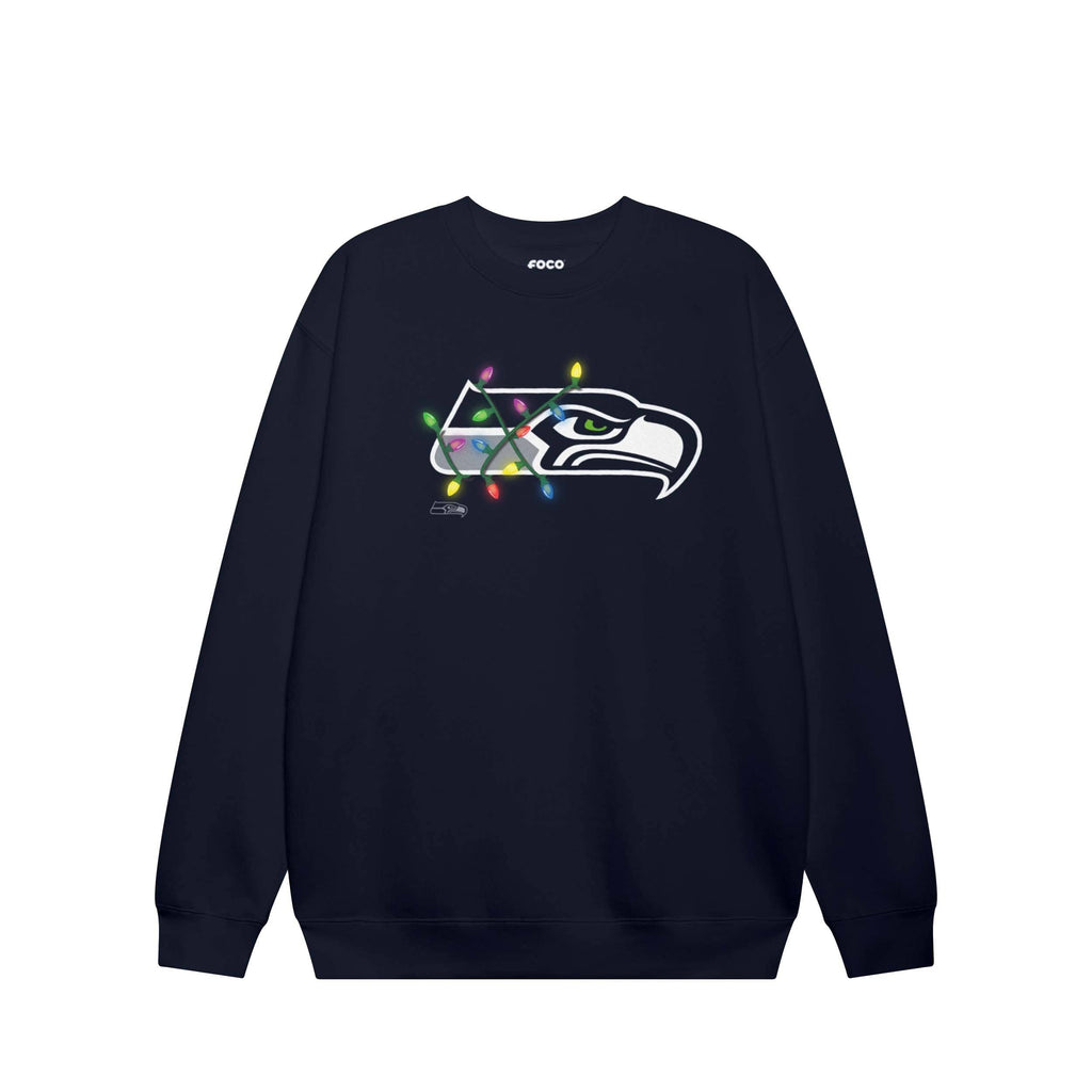 Seattle Seahawks Primary Logo Holiday Lights Crew Neck Sweatshirt