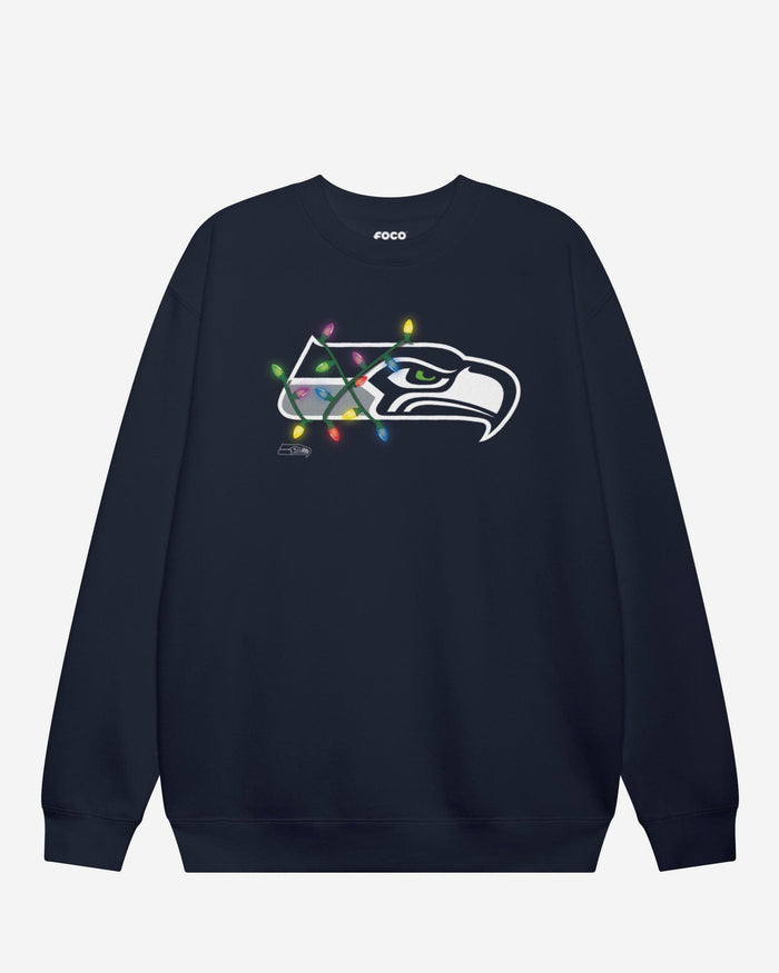 Seattle Seahawks Primary Logo Holiday Lights Crew Neck Sweatshirt FOCO Black S - FOCO.com