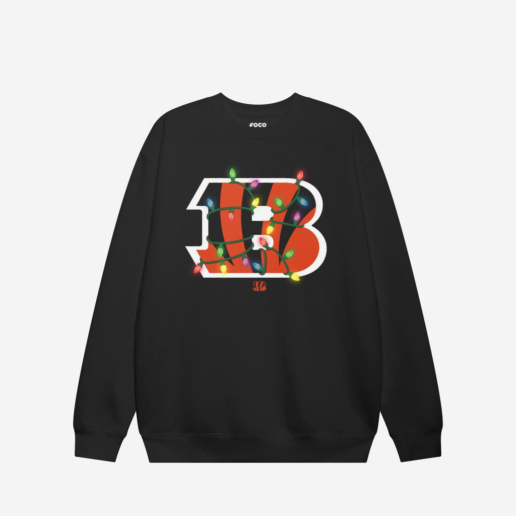 Cincinnati Bengals Primary Logo Holiday Lights Crew Neck Sweatshirt FOCO S - FOCO.com