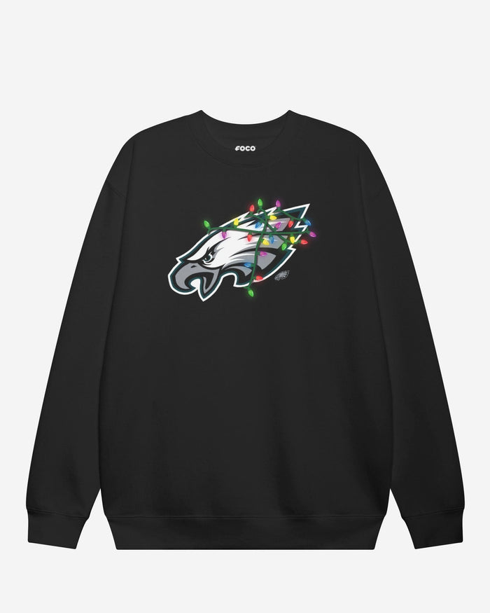 Philadelphia Eagles Primary Logo Holiday Lights Crew Neck Sweatshirt FOCO S - FOCO.com