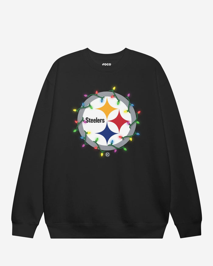 Pittsburgh Steelers Primary Logo Holiday Lights Crew Neck Sweatshirt FOCO S - FOCO.com