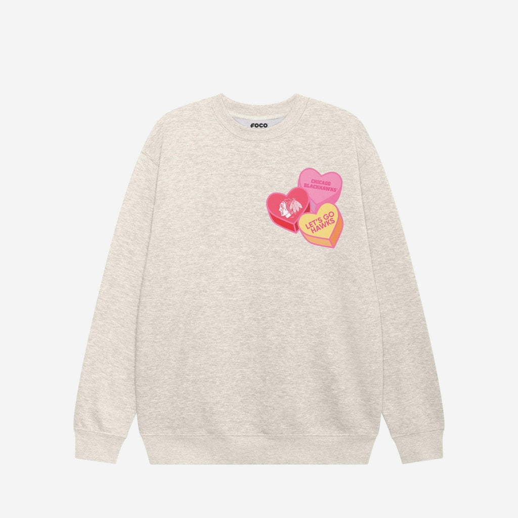 Chicago Blackhawks Candy Heart Crew Neck Sweatshirt FOCO Oatmeal Heather S - FOCO.com