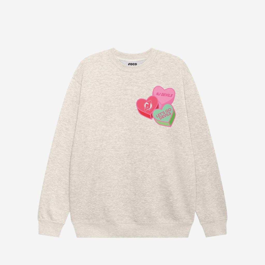 New Jersey Devils Candy Heart Crew Neck Sweatshirt FOCO Oatmeal Heather S - FOCO.com