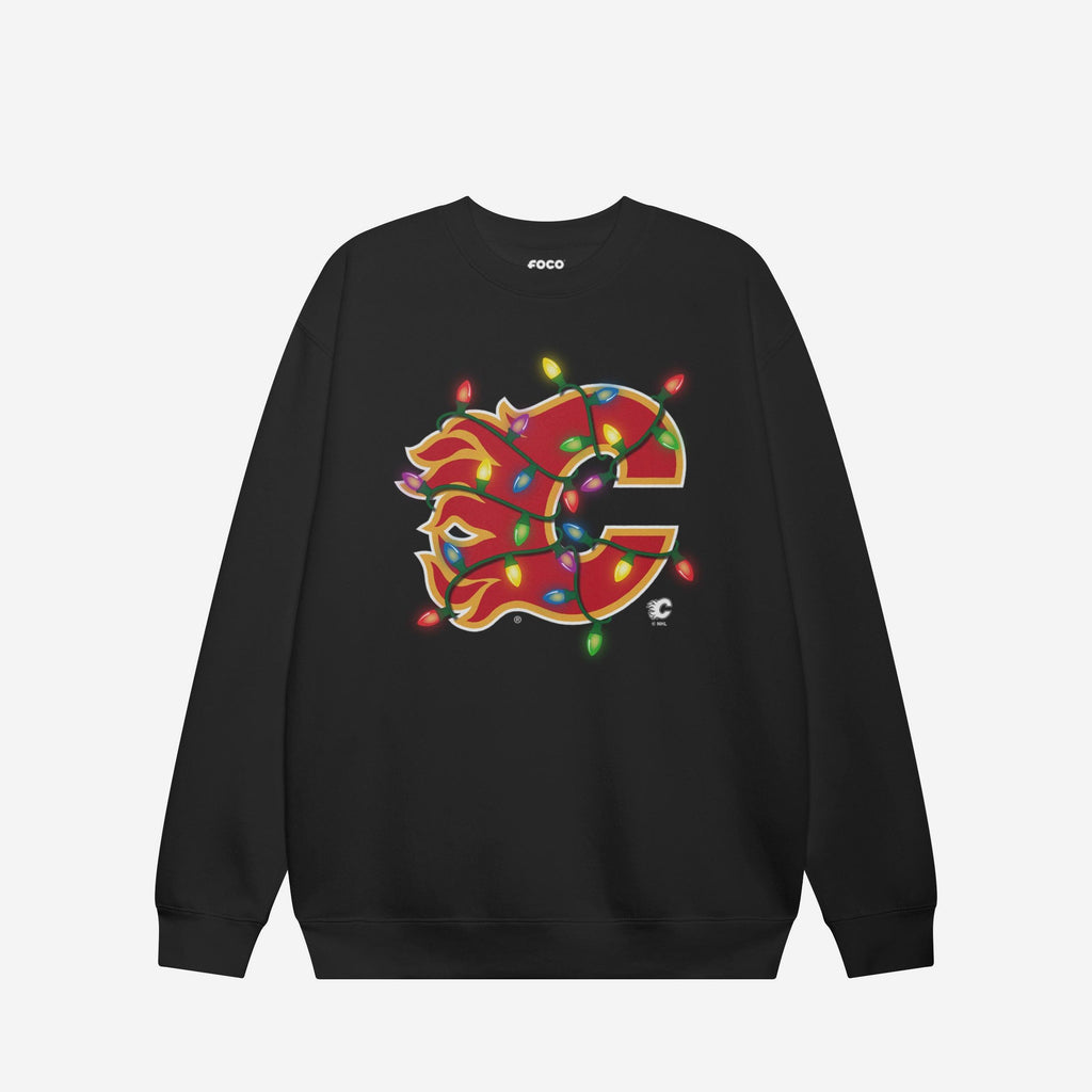 Calgary Flames Primary Logo Holiday Lights Crew Neck Sweatshirt FOCO S - FOCO.com