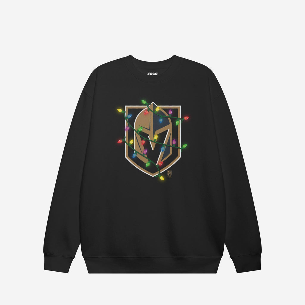 Vegas Golden Knights Primary Logo Holiday Lights Crew Neck Sweatshirt FOCO S - FOCO.com