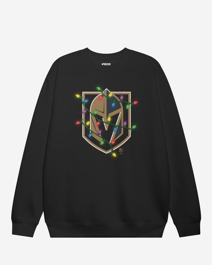 Vegas Golden Knights Primary Logo Holiday Lights Crew Neck Sweatshirt FOCO S - FOCO.com