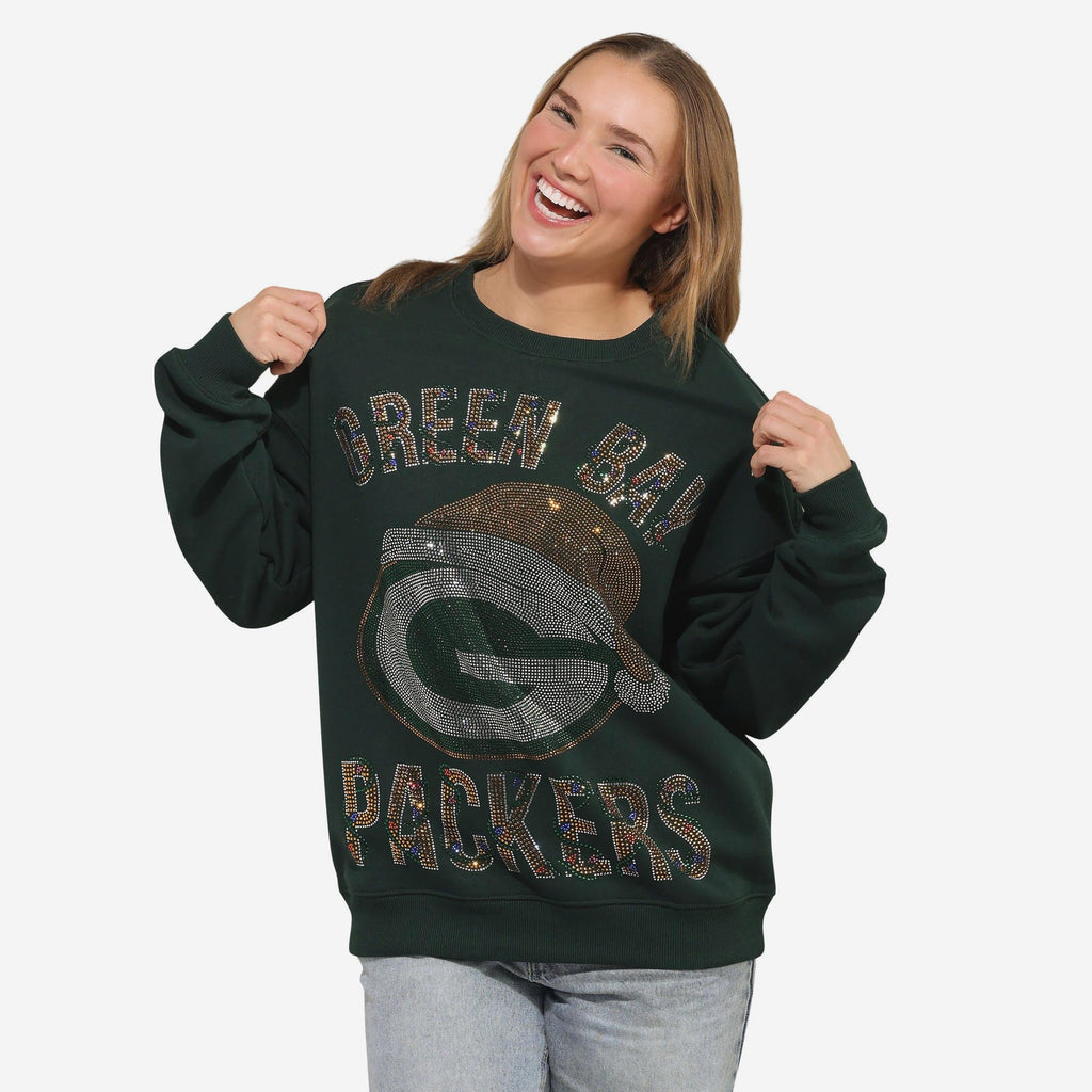 Green Bay Packers Womens Rhinestone Logo Oversized Holiday Crew Neck Sweatshirt FOCO S - FOCO.com