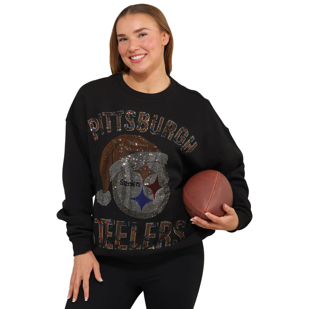 Pittsburgh Steelers Womens Rhinestone Logo Oversized Holiday Crew Neck Sweatshirt