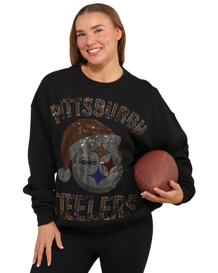 Pittsburgh Steelers Womens Rhinestone Logo Oversized Holiday Crew Neck Sweatshirt