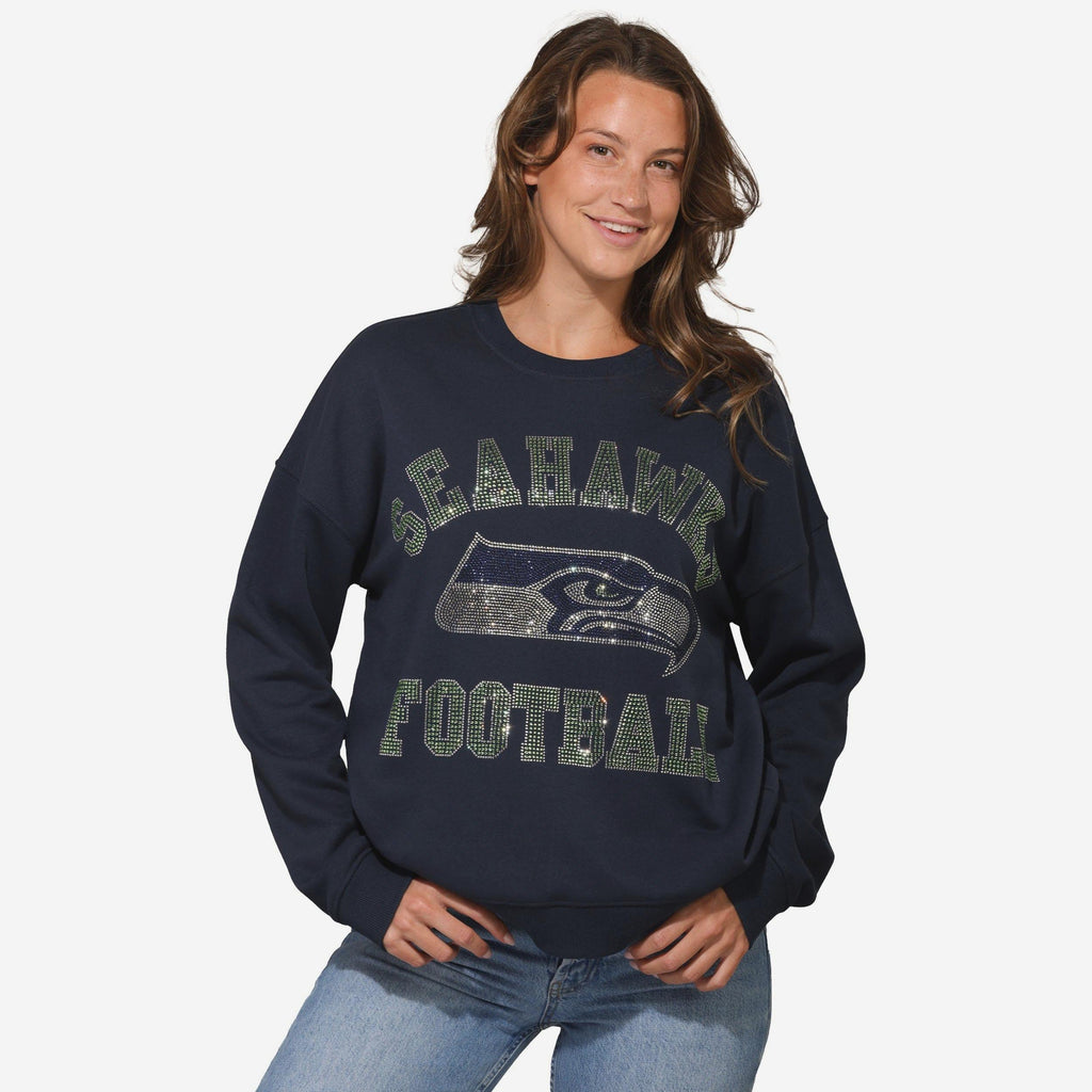 Seattle Seahawks Womens Rhinestone Logo Oversized Crew Neck Sweatshirt FOCO S - FOCO.com