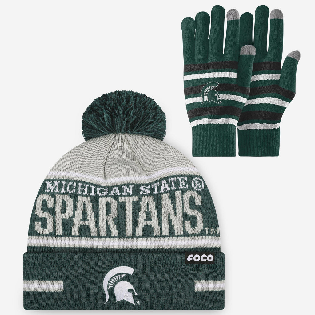 Michigan State Spartans Stretch Glove & Big Wordmark Stripe Pom Beanie Set FOCO - FOCO.com
