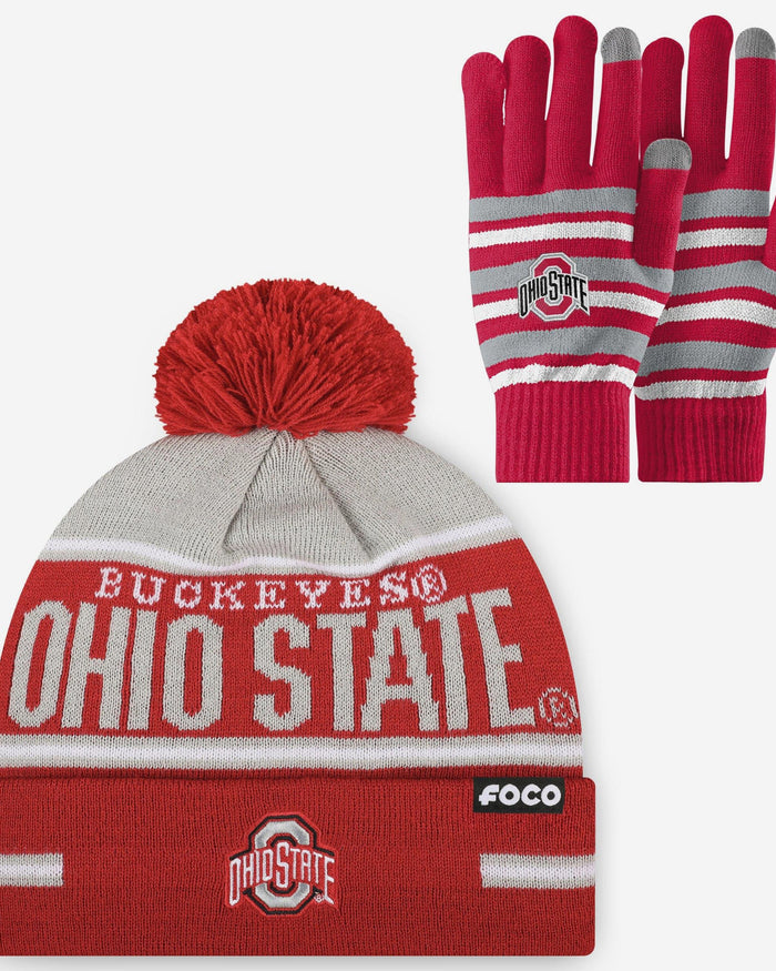 Ohio State Buckeyes Stretch Glove & Big Wordmark Stripe Pom Beanie Set FOCO - FOCO.com