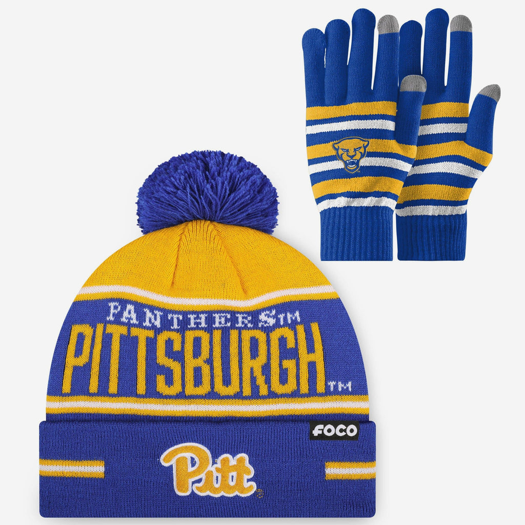 Pittsburgh Panthers Stretch Glove & Big Wordmark Stripe Pom Beanie Set FOCO - FOCO.com