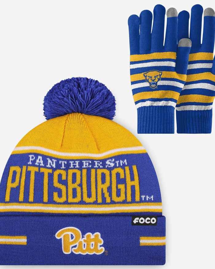 Pittsburgh Panthers Stretch Glove & Big Wordmark Stripe Pom Beanie Set FOCO - FOCO.com