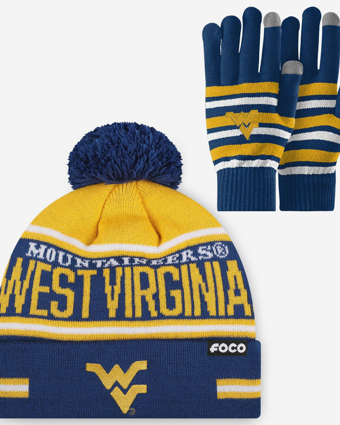 West Virginia Mountaineers Stretch Glove & Big Wordmark Stripe Pom Beanie Set FOCO - FOCO.com