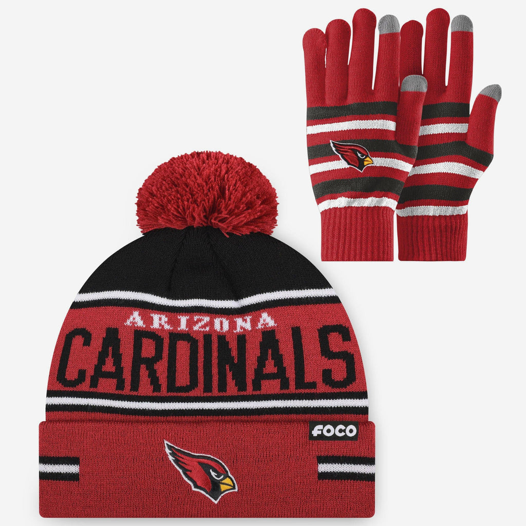 Arizona Cardinals Stretch Glove & Big Wordmark Stripe Pom Beanie Set FOCO - FOCO.com