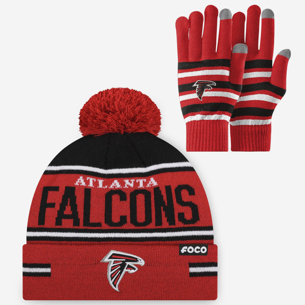 Atlanta Falcons Stretch Glove & Big Wordmark Stripe Pom Beanie Set FOCO - FOCO.com