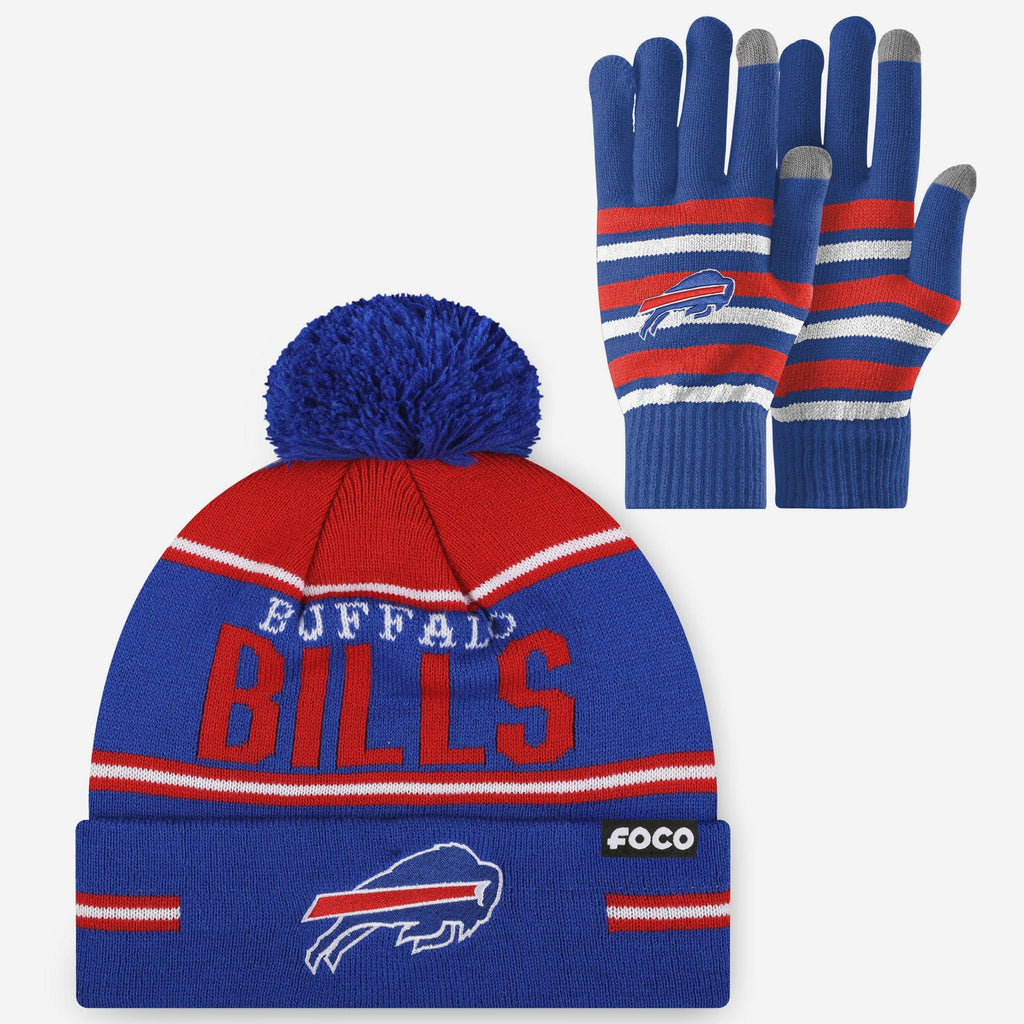 Buffalo Bills Stretch Glove & Big Wordmark Stripe Pom Beanie Set FOCO - FOCO.com