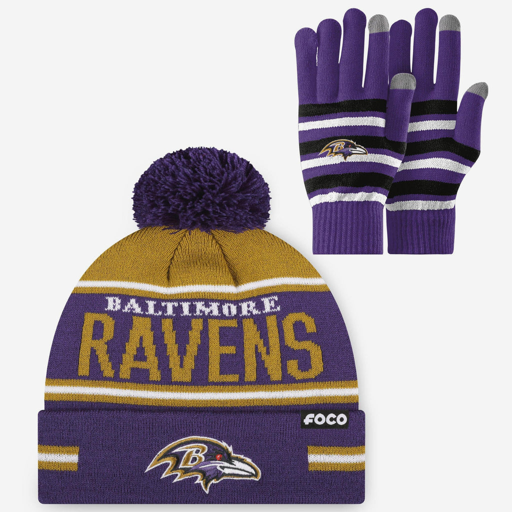 Baltimore Ravens Stretch Glove & Big Wordmark Stripe Pom Beanie Set FOCO - FOCO.com
