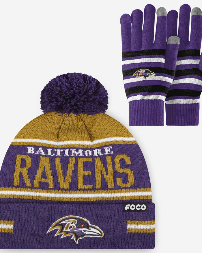 Baltimore Ravens Stretch Glove & Big Wordmark Stripe Pom Beanie Set FOCO - FOCO.com