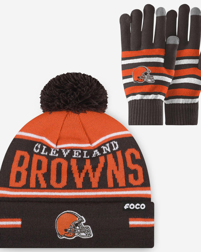 Cleveland Browns Stretch Glove & Big Wordmark Stripe Pom Beanie Set FOCO - FOCO.com