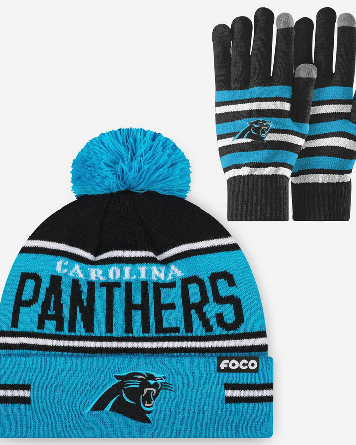 Carolina Panthers Stretch Glove & Big Wordmark Stripe Pom Beanie Set FOCO - FOCO.com