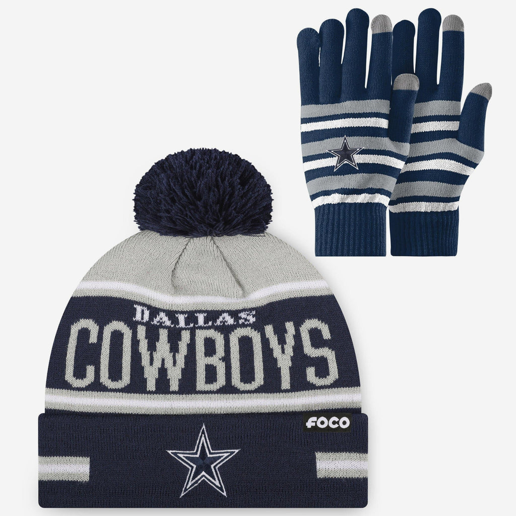 Dallas Cowboys Stretch Glove & Big Wordmark Stripe Pom Beanie Set FOCO - FOCO.com