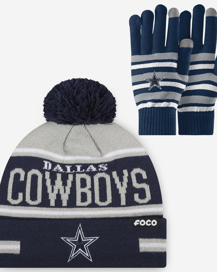 Dallas Cowboys Stretch Glove & Big Wordmark Stripe Pom Beanie Set FOCO - FOCO.com