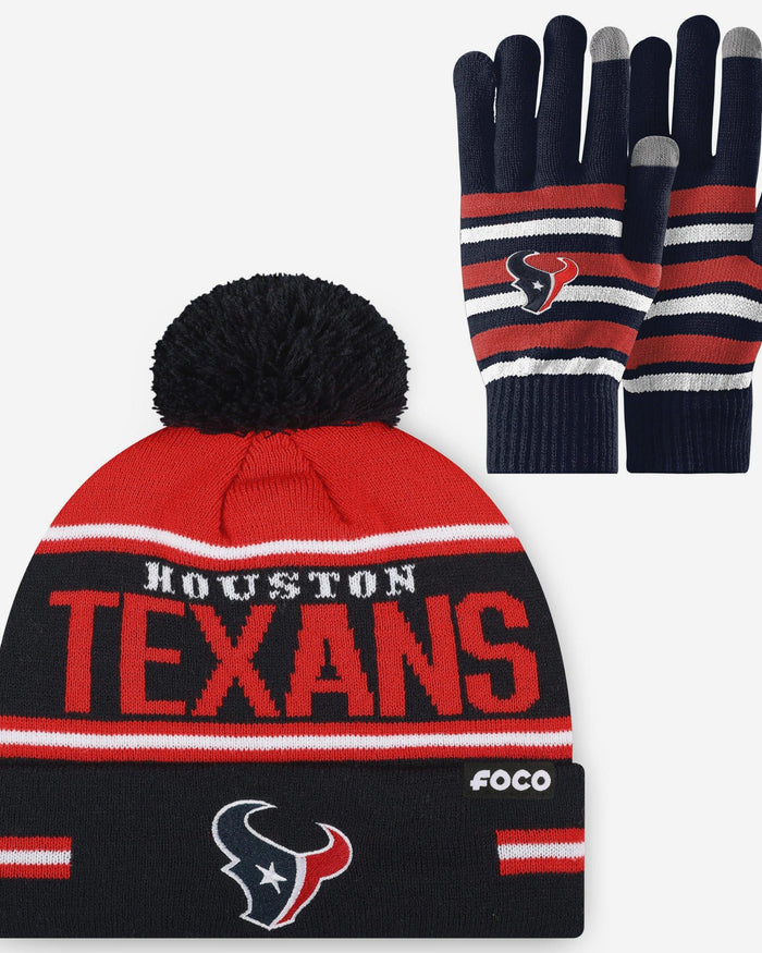 Houston Texans Stretch Glove & Big Wordmark Stripe Pom Beanie Set FOCO - FOCO.com