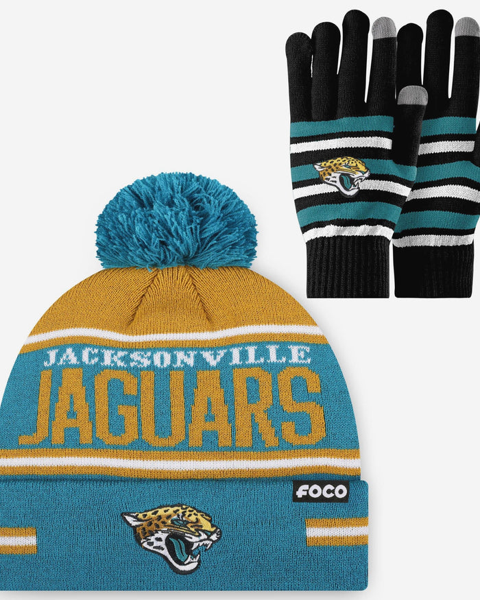Jacksonville Jaguars Stretch Glove & Big Wordmark Stripe Pom Beanie Set FOCO - FOCO.com