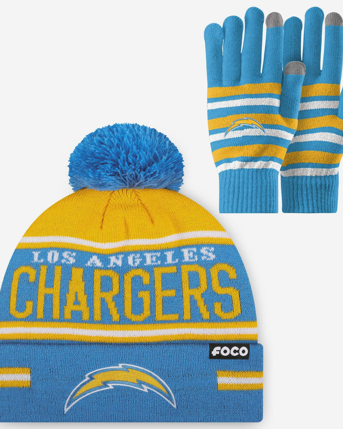 Los Angeles Chargers Stretch Glove & Big Wordmark Stripe Pom Beanie Set FOCO - FOCO.com