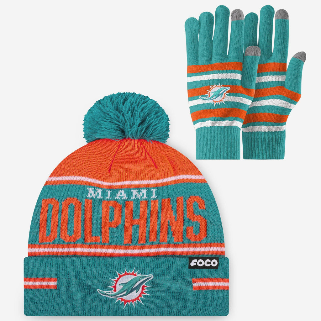 Miami Dolphins Stretch Glove & Big Wordmark Stripe Pom Beanie Set FOCO - FOCO.com