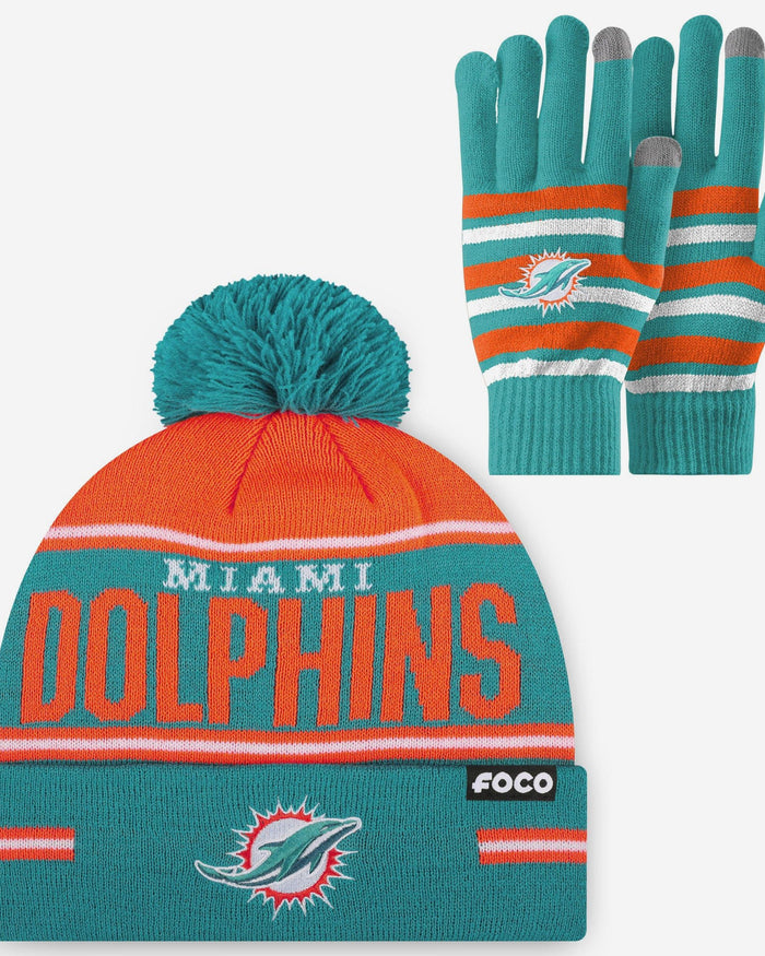 Miami Dolphins Stretch Glove & Big Wordmark Stripe Pom Beanie Set FOCO - FOCO.com