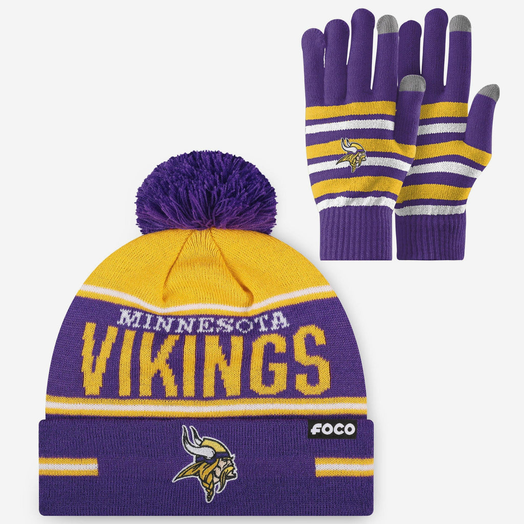 Minnesota Vikings Stretch Glove & Big Wordmark Stripe Pom Beanie Set FOCO - FOCO.com