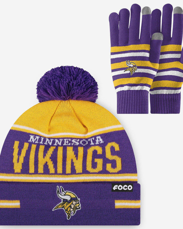 Minnesota Vikings Stretch Glove & Big Wordmark Stripe Pom Beanie Set FOCO - FOCO.com
