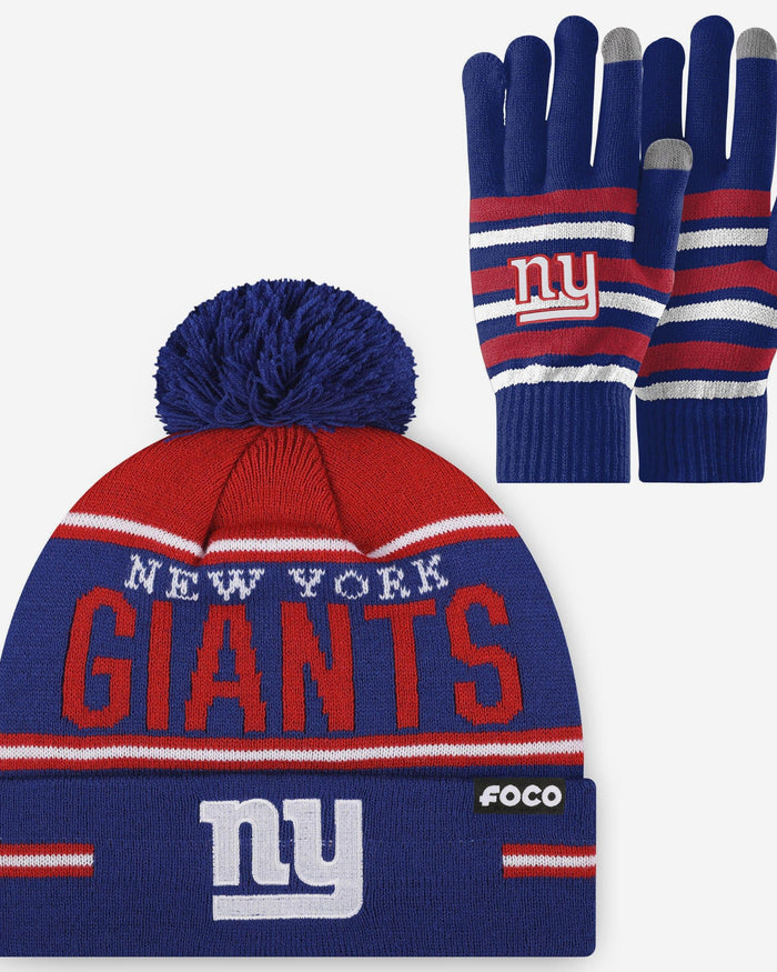 New York Giants Stretch Glove & Big Wordmark Stripe Pom Beanie Set FOCO - FOCO.com