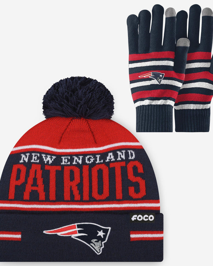 New England Patriots Stretch Glove & Big Wordmark Stripe Pom Beanie Set FOCO - FOCO.com