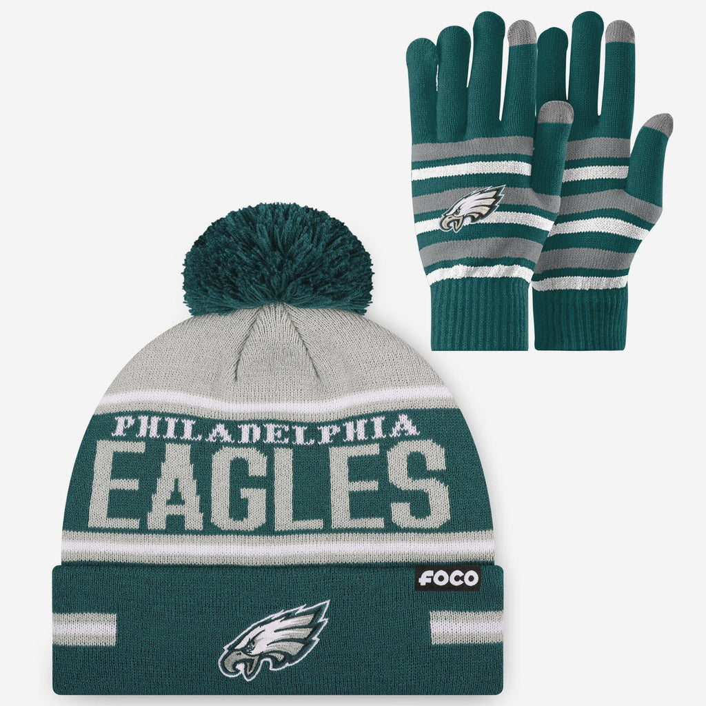 Philadelphia Eagles Stretch Glove & Big Wordmark Stripe Pom Beanie Set FOCO - FOCO.com