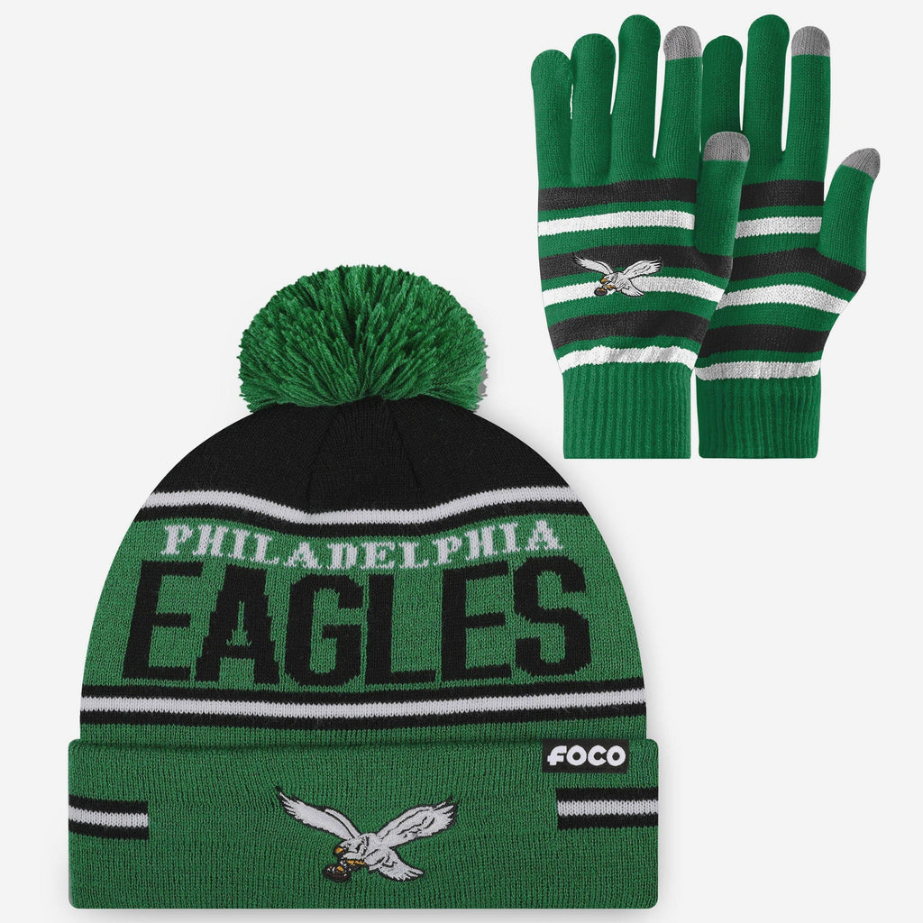 Philadelphia Eagles Retro Stretch Glove & Big Wordmark Stripe Pom Beanie Set FOCO - FOCO.com