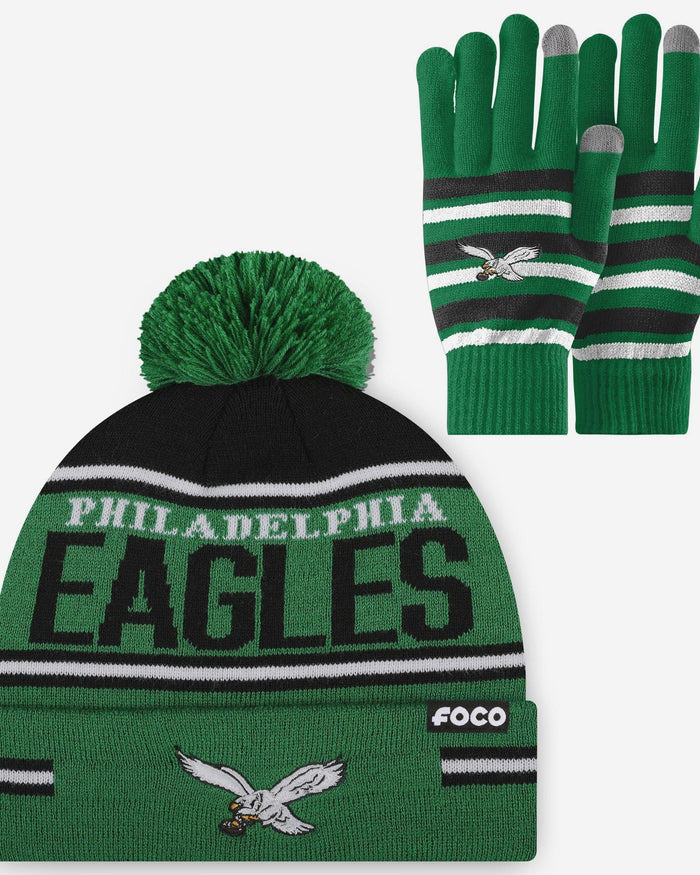 Philadelphia Eagles Retro Stretch Glove & Big Wordmark Stripe Pom Beanie Set FOCO - FOCO.com