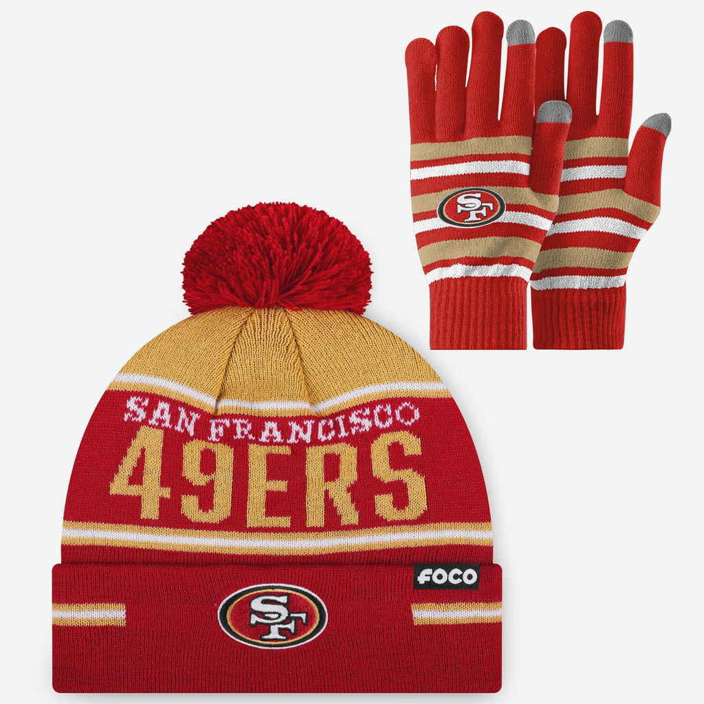 San Francisco 49ers Stretch Glove & Big Wordmark Stripe Pom Beanie Set FOCO - FOCO.com