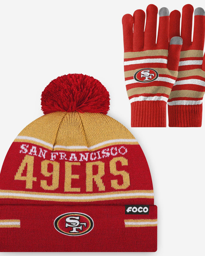 San Francisco 49ers Stretch Glove & Big Wordmark Stripe Pom Beanie Set FOCO - FOCO.com