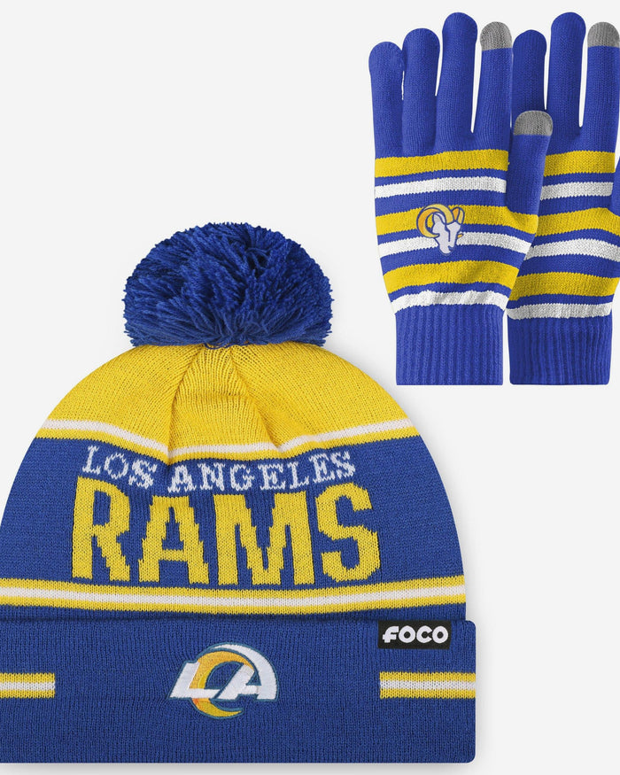 Los Angeles Rams Stretch Glove & Big Wordmark Stripe Pom Beanie Set FOCO - FOCO.com