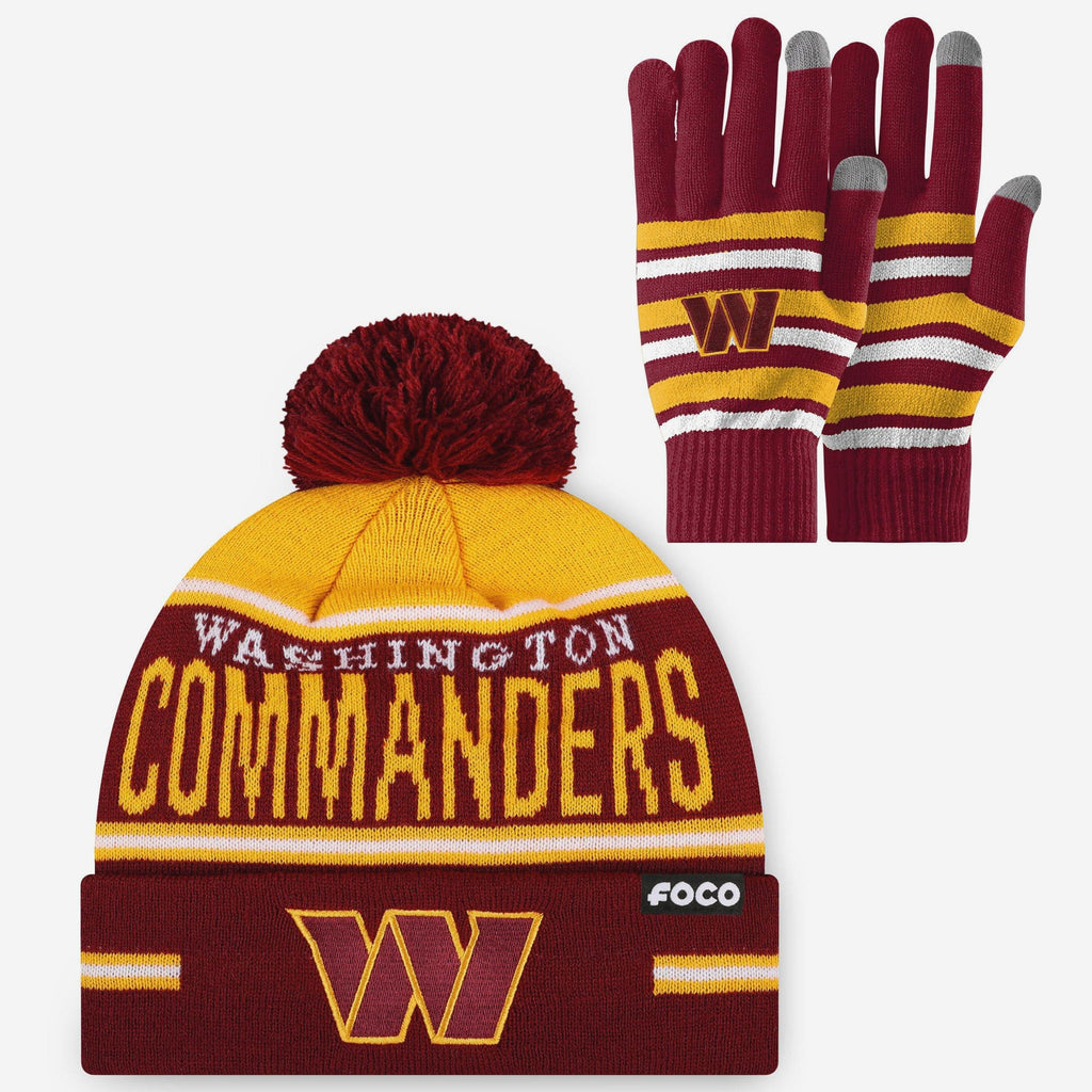 Washington Commanders Stretch Glove & Big Wordmark Stripe Pom Beanie Set FOCO - FOCO.com
