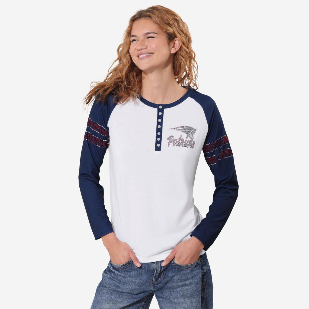 New England Patriots Rhinestone Long Sleeve Henley FOCO S - FOCO.com
